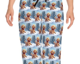 May include: Blue pajama pants with a repeating pattern of golden retriever puppies wearing red scarves in a snowy winter scene.