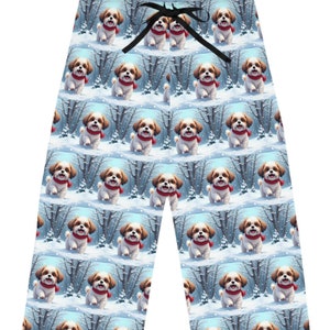 Shih Tzu Dog Cartoon Women's Pajama Pants, Comfy Drawstring PJ Bottoms, Shih Tzu Lover Gift, Winter Scene Lounge Wear, Pet Owner Pajamas