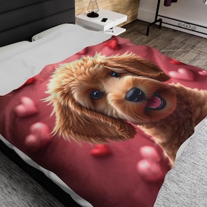 Velveteen Plush Blanket - Goldendoodle Heart Cartoon, Valentine Gift, Doodle Lover, Plush Blanket, Dog Lover Gift, Heart Pattern Blanket