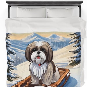 Plush Blanket, Cartoon Shih Tzu Dog Winter Scene, Winter Home Decor, Shih Tzu Lover Gift, Cozy Dog Blanket, Christmas Gift