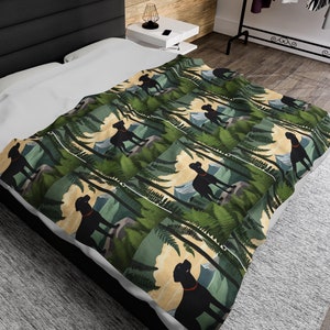 Black labrador dog in the outdoors with ferns and mountains as a cartoon Velveteen Plush Blanket, rescue dog lover blanket gift idea