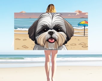 Brown and gray shih tzu as a fun cartoon on the beach with the ocean in the background, dog lover rescue dog gift idea beach towel.