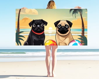 Black and fawn pugs as a cartoon on the beach with palm trees and the ocean in the background, fun rescue dog pet lover beach towel.