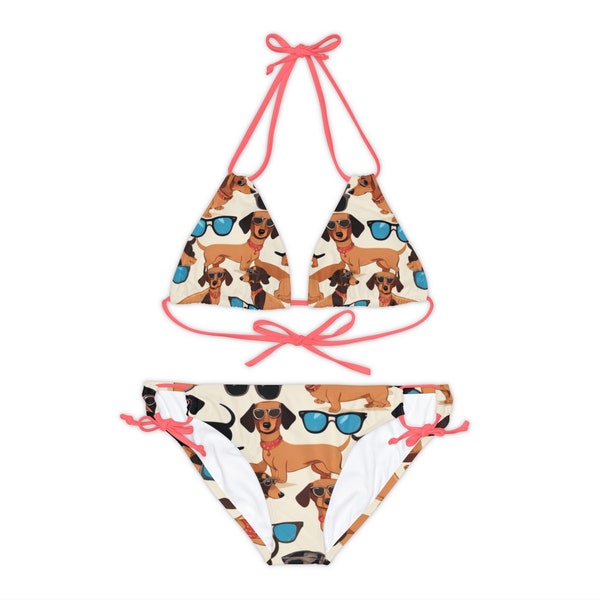 Dachshund dogs on the beach with sunglasses as a cartoon strappy bikini set, fun dog lover pet bathing suit, rescue dog gift idea