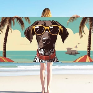 Beach Towel, Luxury Soft Towel with German Shorthair Pointer Cartoon Design, Dog Lover Gift, Premium Towel, Palm Trees Beach Towel,