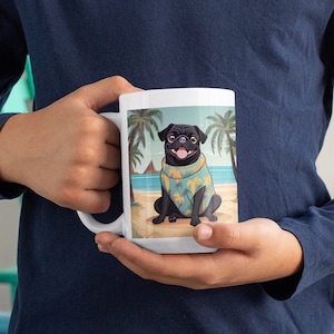 Black pug on a beach with a tropical shirt as a cartoon with palm trees in the background, rescue pug dog lover ceramic coffee mug