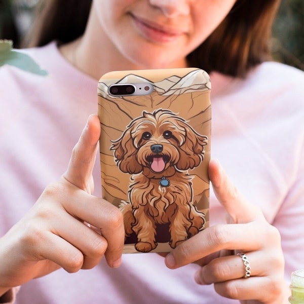 Cinnamon colored cavipoo dog as a cartoon with snow capped mountains in the background tough phone case, cockapoo gift, rescue dog, doodle.