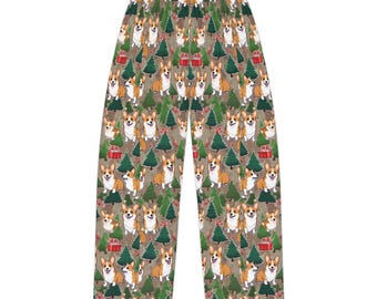 May include: Brown, green, and red pajama pants with a repeating pattern of a corgi dog standing in front of a Christmas tree with a red gift box.