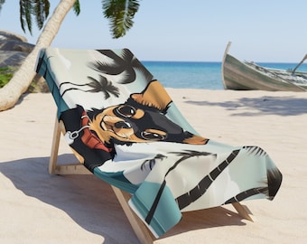 black and tan chihuahua on a beach with palm trees as a cartoon beach towel, outdoor beach scene pet lover pool towel, dog rescue gift