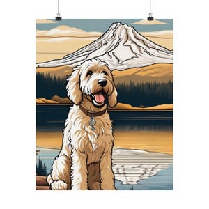 Vertical Poster, Labradoodle Mountain Scene Wall Art, Doodle Decor, Gift for Labradoodle Lover, Goldendoodle Print, Matte Poster, Home Decor