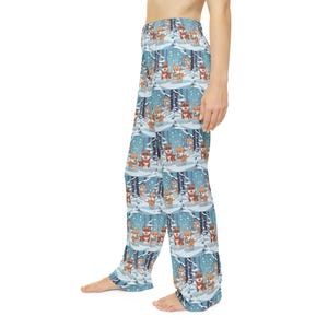 Shiba Inu Women&#39;s Pajama Pants, Dog Lover Gift Idea, Holiday Festive Bottoms, Snowy Scene Lounge Wear, Cartoon Animal Sleepwear