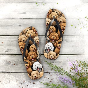 Oodles of doodles multicolored dog lover flip flops thongs as a cartoon, rescue dog gift idea, pet lover doodle flip flop gift