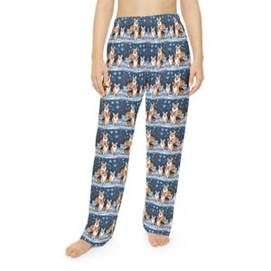 Snowy Corgi Women's Pajama Pants, Cute Dog Lover Gift Idea, Holiday Lounge Bottoms, Cartoon PJs, Winter Nightwear