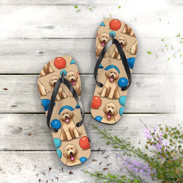 Goldendoodle as a cartoon in fun vibrant flip flops, rescue dog gift idea, doodle dog flip flops, dog lover animated doodle gift.