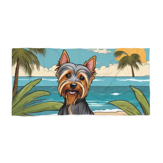 Silky Terrier on a Beach With Palm Trees as a Cartoon Beach Towel