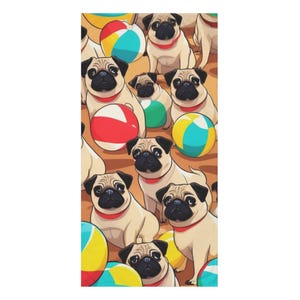 Fawn Pug Party Beach Towel, Fun Summer Towel, Dog Lover Gift, Colorful Pool Towel, Pug Theme Towel, luxury beach towel