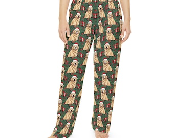 May include: Green pajama pants with a repeating pattern of golden retriever dogs wearing Santa hats and holding presents. The dogs are on a green background with red berries and green leaves.