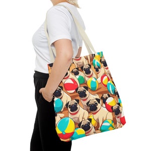 Fawn pug dogs on a beach with beach balls everyday or beach tote Bag, pug rescue dog lover gift idea, funny cartoon dog tote bag