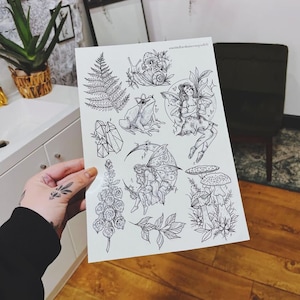 Tijdelijke tatoeages / groot A4-vel / Cottagecore Witchy-vel / thequeenisdeadtattoos