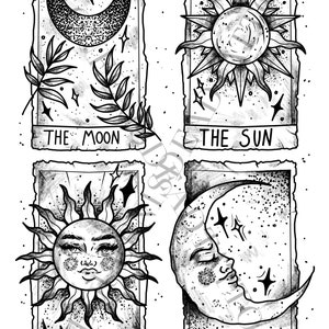 Tatuajes temporales de cartas del tarot del sol y la luna / hoja grande A4 / thequeenisdeadtattoos / hippy celestial