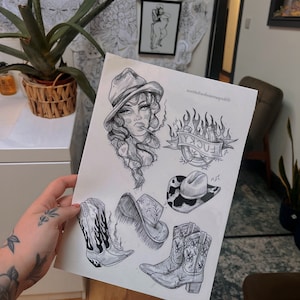 カウボーイ カウガール ウエスタン タトゥー / 大きな A4 シート / カウボーイブーツ / thequeenisdeadtattoos