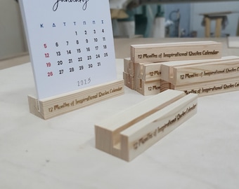 Personalized Wooden Calendar Stand, Pine Wood Tabletop Base, Unique Desk Accessory - - Minimalist calendar stand with  inspirational quotes