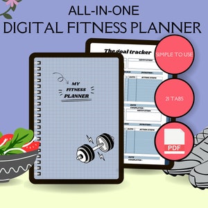 May include: A digital fitness planner with a blue cover and a grid pattern. The cover has the text "MY FITNESS PLANNER" written on it. The planner has a dumbbell icon and a goal tracker with the text "The goal tracker" and "SIMPLE TO USE". The planner is a PDF document with 21 tabs.