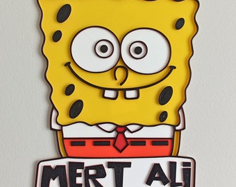 Sponge Bob Custom Name Sign | 3D Kids Room Decor | Boys Bedroom Decor | Children&#39;s Room Door | Door Sign | Name Sign | Newborn Name Sign