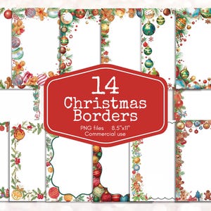 Pode incluir: Uma coleção de 14 bordas de Natal em formato PNG, cada uma com designs festivos em aquarela. As bordas incluem ornamentos, bonecos de gengibre e vegetação, com uma faixa vermelha exibindo o texto "14 Christmas Borders". As dimensões da imagem são 21,59 cm x 27,94 cm.