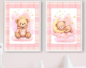 Cottagecore Nursery Wall Art, Vintage Baby Girl Pink Nursery Decor, 2 Whimsical Teddy Bear Prints