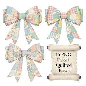 Puede incluir: Cuatro lazos acolchados de colores pastel con estampados florales y patchwork. Los lazos son en tonos rosa, azul, amarillo y verde. También hay un pergamino con el texto "15 PNG Pastel Quilted Bows".