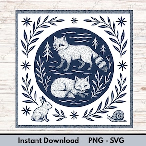 May include: A square, navy blue and white illustration featuring woodland animals. A raccoon and fox are inside a circle, surrounded by leaves. A rabbit and snail are in the corners. The words "Instant Download PNG - SVG" are at the bottom.