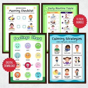 May include: Four framed educational charts: a morning checklist, a daily routine table, a feelings chart, and a calming strategies guide. Each chart features colorful illustrations and text, with a "4 Pack Bundle" sticker and a "Digital Download" sticker.