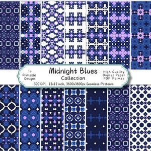 May include: A set of 14 digital paper patterns in shades of blue and purple. The patterns are seamless and feature geometric designs. The text "Midnight Blues Collection" is displayed at the top of the image. The text "300 DPI, 12x12 inch, 3600x3600px Seamless Patterns" is displayed below the title.
