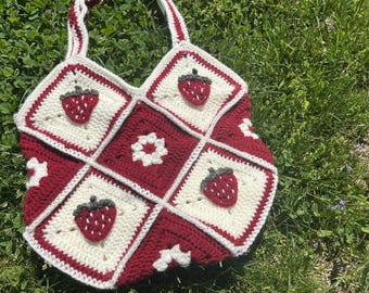 Strawberry Tote Bag, Crochet Fruit, Red Crochet Bag, Mother's Day Gift, Christmas, Birthday, Adorable Aesthetic, Blueberry Knit Purse, Inspo