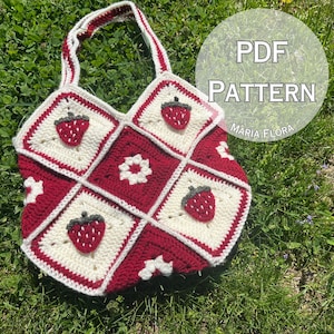 Strawberry Tote Bag PDF PATTERN, Crochet Fruit, Red Crochet Bag, Mother&#39;s Day Gift, Birthday, Cute Crochet Pattern, Easy, Maria Flora