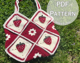 Strawberry Tote Bag PDF PATTERN, Crochet Fruit, Red Crochet Bag, Mother&#39;s Day Gift, Birthday, Cute Crochet Pattern, Easy, Maria Flora