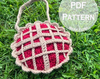 Cherry Pie Bag PDF PATTERN, fruit crochet tote bag, easy knitted purse, lemon, orange, blueberry, pumpkin, dessert pouch, quick gift idea