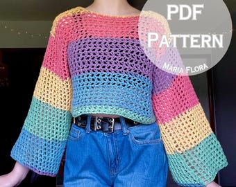 Pull en maille au crochet, motif PDF, chemise en tricot vintage des années 80, haut au crochet simple et facile, idée cadeau rapide, comment crocheter, Maria Flora