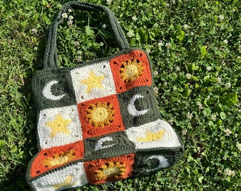 Sun Moon and Star Crochet Bag, Knit Tote Bag, Astronomy Crochet, Aesthetic Purse, Nature Pouch, Maximalist Inspo, Large, Christmas Gift