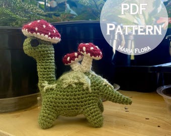 Patron PDF champignon dinosaure, brontosaure au crochet, peluche dinosaure nature, téléchargement amigurumi en tricot, Fairycore, Cottagecore, mignon, Inspo