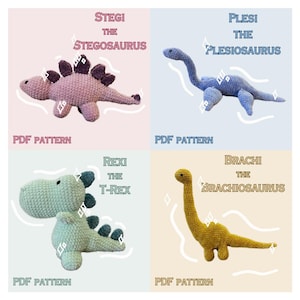 PDF-MÖNSTERPAKET MED Dinosaurie-Plysch, 4-pack virkad, Brachiosaurus, Plesiosaurus, Stegosaurus, T-Rex, Stickad Gosedjur, Födelsedagspresent
