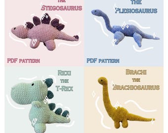 Lot de 4 motifs dinosaure au crochet, brachiosaure, plésiosaure, stégosaure, T-Rex, peluche en tricot, cadeau d'anniversaire