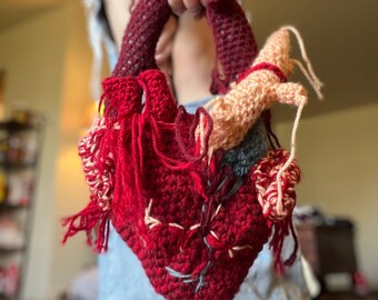 Anatomical Bleeding Heart Crochet Purse, Gorey Grunge Core, Emo Bag, Tote, Halloween, Scary Spooky, Body Parts, Blood, Maximalist Aesthetic