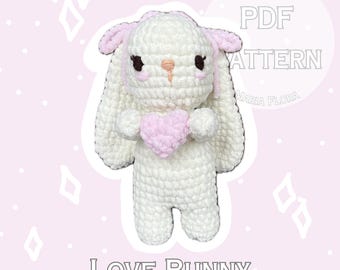 Motif PDF lapin d'amour, guide au crochet lapin, peluche animal en peluche, téléchargement amigurumi, esthétique kawaii mignon, cadeau de la Saint-Valentin, adorable