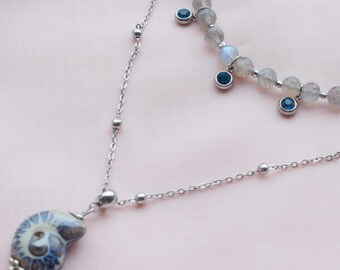 Silver Shell Pendant Necklace and Labradorite Choker Set