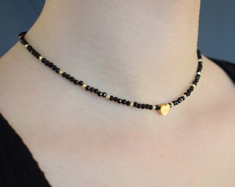 Black Spinel Everyday Choker Necklace with Heart Minimalist Jewelry Gift