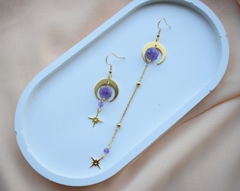 Amethyst Ohrringe Lange Mismatched Golden Moon Schmuck für Mädchen und Frauen Geschenk