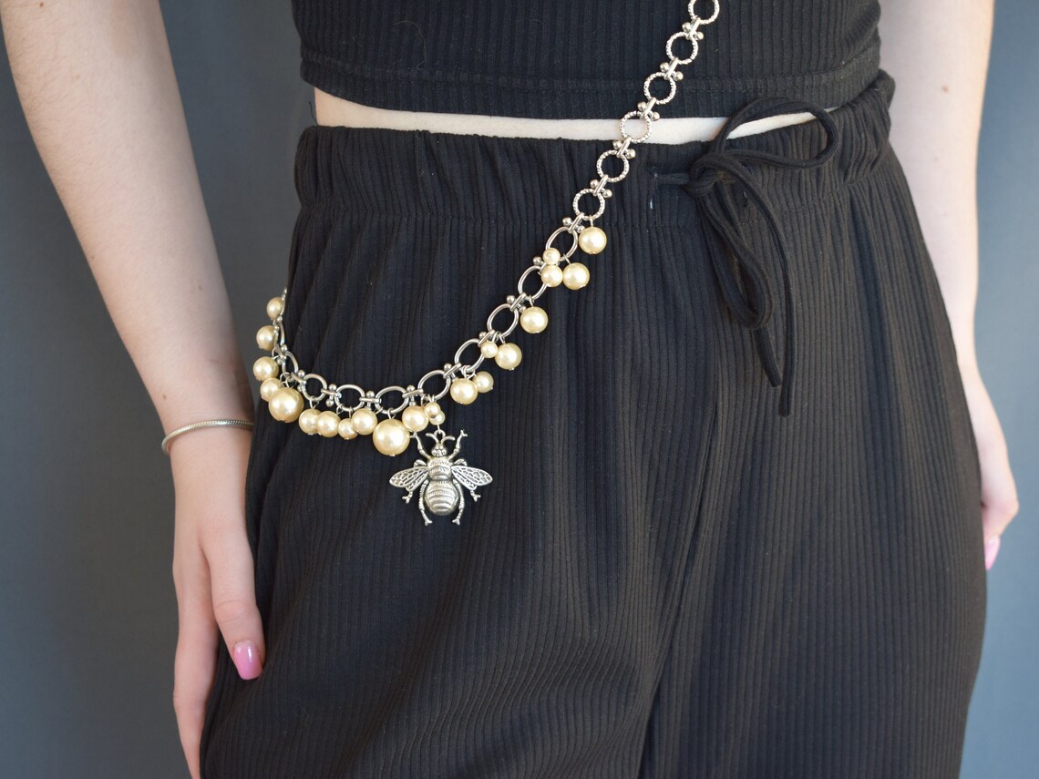 Large Chain One Shoulder Long Body Jewelry With Bug Charm and Pearls - Etsy