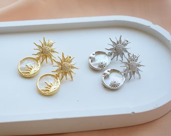Sonne und Mond Runde Perle Anhänger Ohrringe Golden / Silber Schmuck für Mädchen und Frauen Geschenk